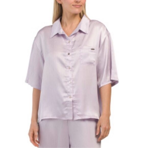 Jason Wu L & XL Lavender Button Front Short Sleeve Top Pants Crinkle Satin PJ - Picture 3 of 16